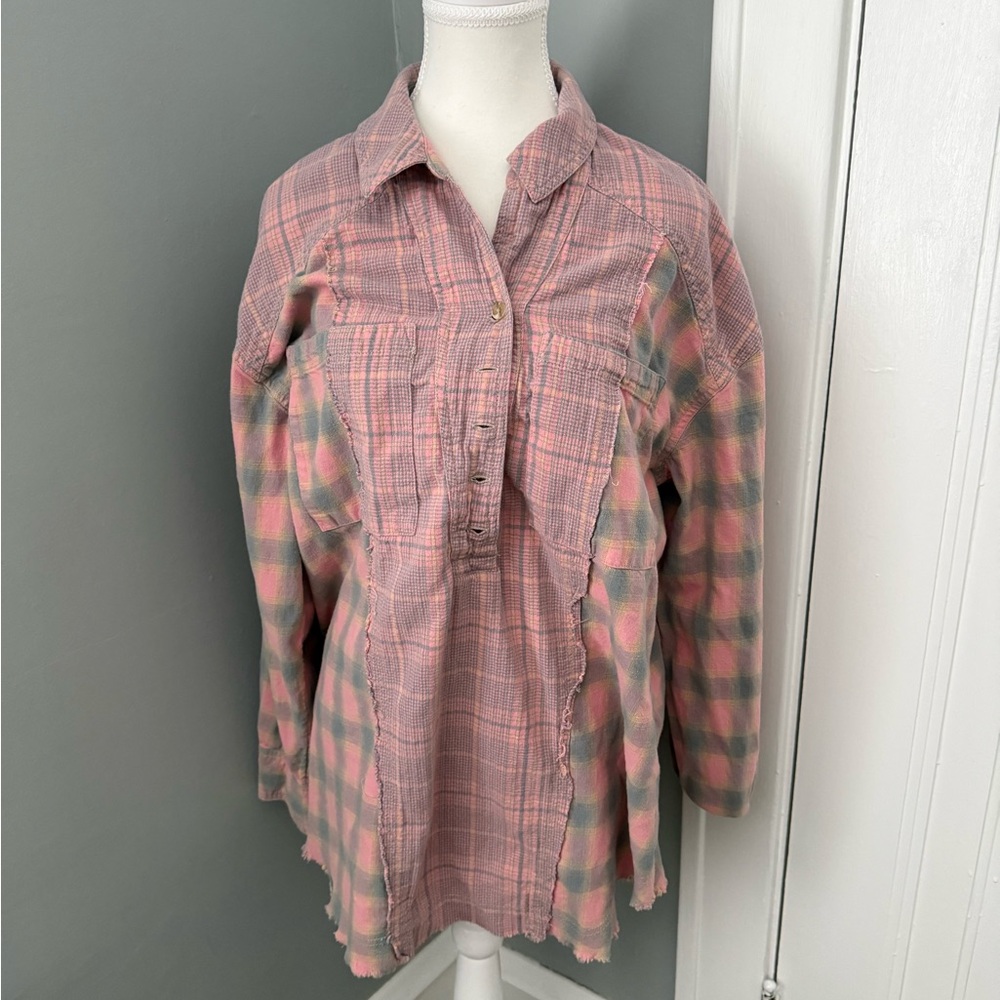 We The Free Pink and Gray Plaid Shirt